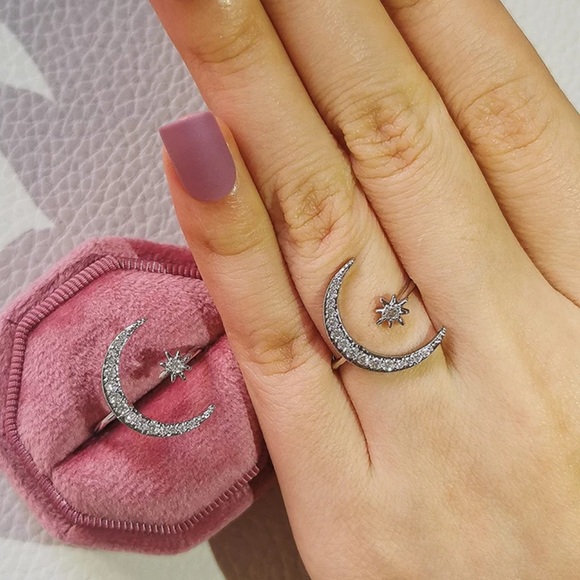 NEW DIAMOND SILVER MOON STAR ADJUSTABLE RING - Picture 2 of 6